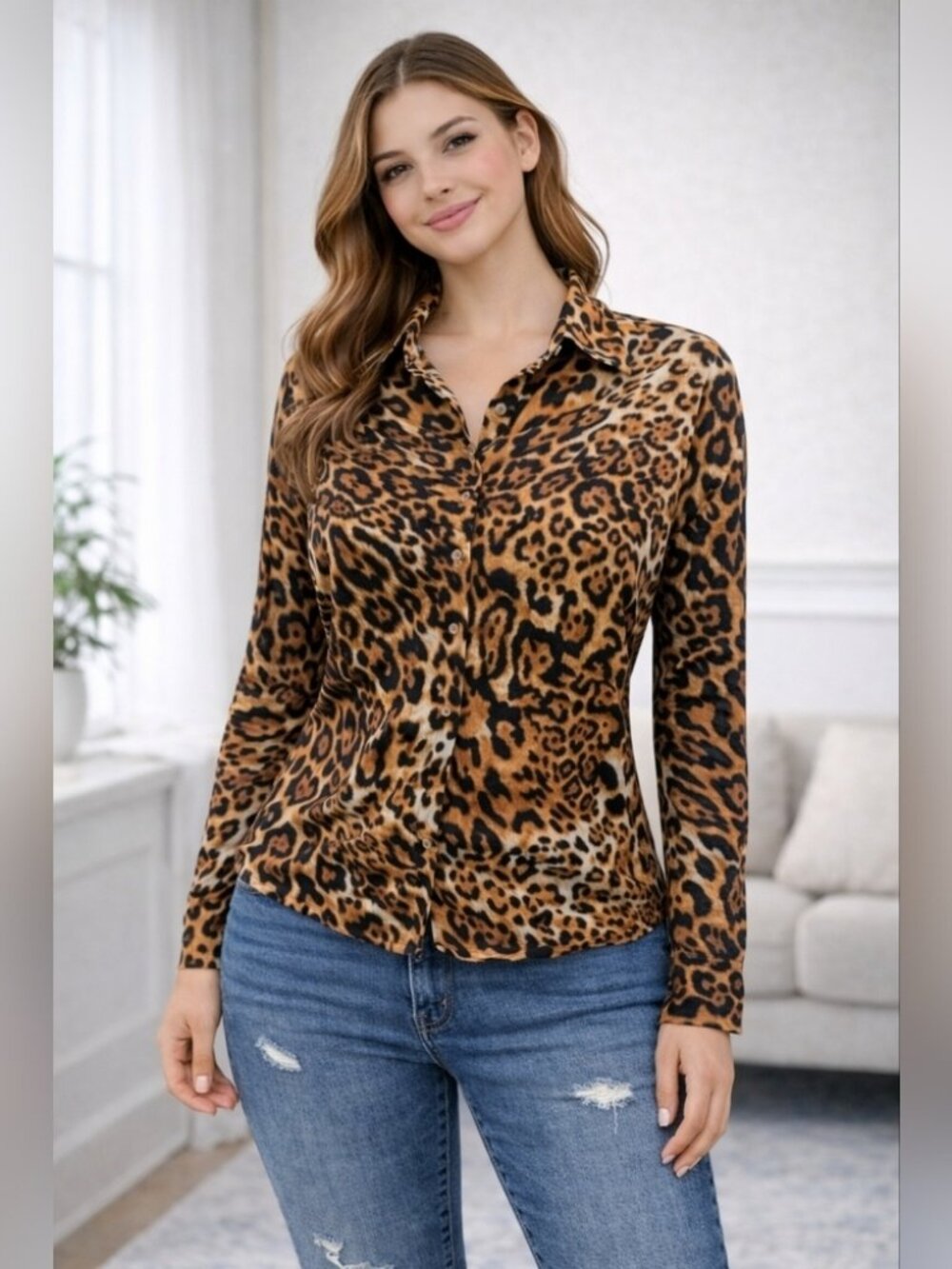 Rachel Zoe Leopard Print Long Sleeve Button-Up Blouse Silky Flowy M